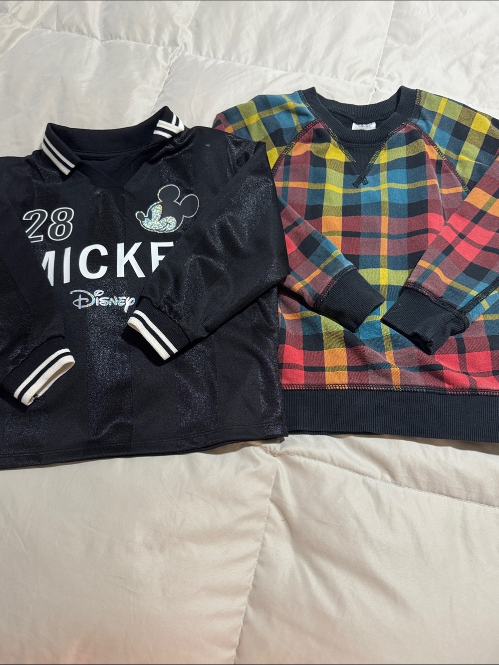 Disney Black Mickey Logo Top & Multicolor Hanna Anderson Plaid Crewneck Set